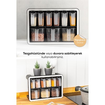 Vienev Beyaz Serigrafi Etiketli 12li 250 Ml Standlı Kendinden Yapışkanlı Kaşıklı Baharatlık Seti Siyah