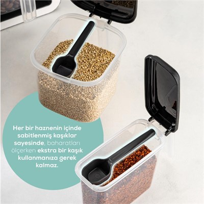 Vienev Beyaz Serigrafi Etiketli 12li 250 Ml Standlı Kendinden Yapışkanlı Kaşıklı Baharatlık Seti Siyah