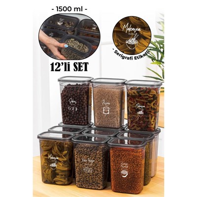 Vienev Beyaz Serigrafi Etiketli 12li Peggy Dikdörtgen Saklama Kabı Seti 1500 Ml Antrasit