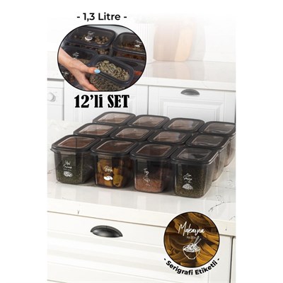 Vienev Beyaz Serigrafi Etiketli 12li Set Peggy Şeffaf Kapaklı Uzun Dikdörtgen Saklama Kabı 1,3 Litre