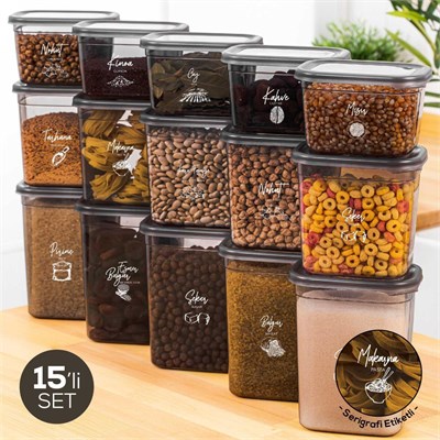 Vienev Beyaz Serigrafi Etiketli 15li Peggy Dikdörtgen Saklama Kabı Seti 5x(1500-1150-800 Ml) Antrasit