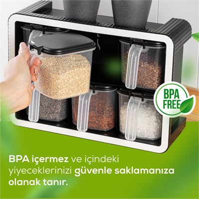 Vienev Beyaz Serigrafi Etiketli 6lı 500 Ml Standlı Kendinden Yapışkanlı Kaşıklı Baharatlık Seti Siyah