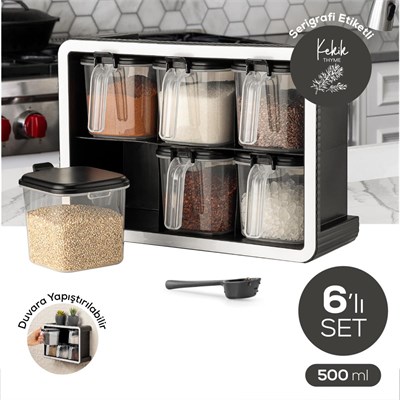 Vienev Beyaz Serigrafi Etiketli 6lı 500 Ml Standlı Kendinden Yapışkanlı Kaşıklı Baharatlık Seti Siyah