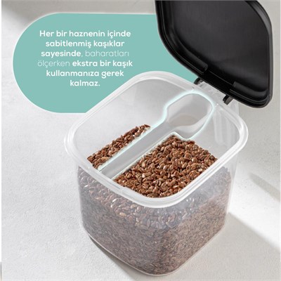 Vienev Beyaz Serigrafi Etiketli 6lı 500 Ml Standlı Kendinden Yapışkanlı Kaşıklı Baharatlık Seti Siyah