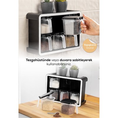 Vienev Beyaz Serigrafi Etiketli 6lı 500 Ml Standlı Kendinden Yapışkanlı Kaşıklı Baharatlık Seti Siyah