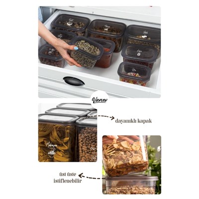 Vienev Beyaz Serigrafi Etiketli 6lı Peggy Dikdörtgen Saklama Kabı Seti 3x(1500-1150 Ml) Antrasit