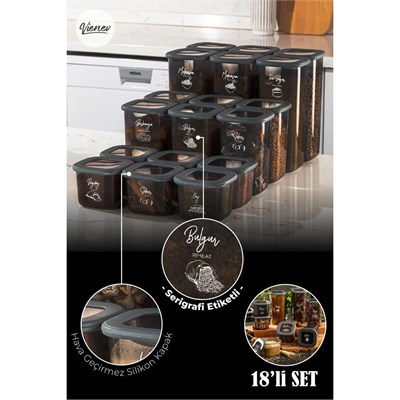 Vienev Beyaz Serigrafi Etiketli Kare Erzak Saklama Kabı 18li Set 6x(0,55 Li̇tre, 1,2 Li̇tre, 1,75 Li̇tre)