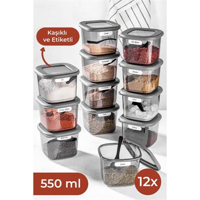 Vienev Beyaz Serigrafi Etiketli Kaşıklı Kare Erzak Saklama Kabı 12li Set Küçük Boy 0,55 Litre
