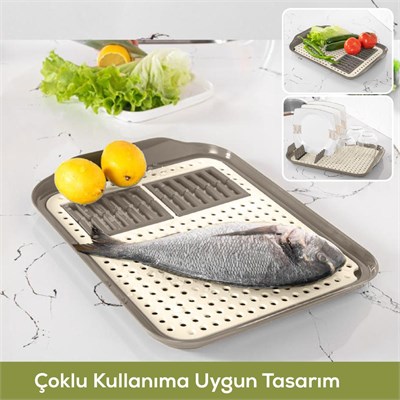 Vienev Çok Amaçlı Su Süzgeçli Kurutma Tepsisi | Sebze, Balık Ve Bulaşık İçin Pratik Kullanım Bej