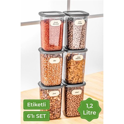 Vienev Etiketli Kare Erzak Saklama Kabı 6lı Set Orta Boy 1,2 Litre Antrasit