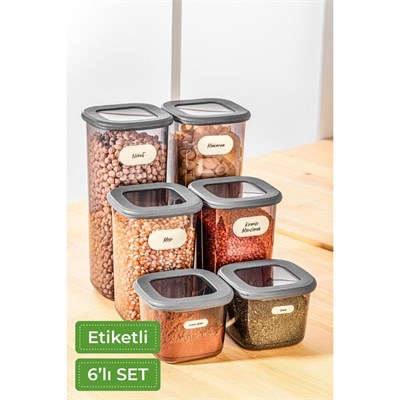 Vienev Etiketli Kare Erzak Saklama Kabı 6lı Set 2x(0,55 Litre, 1,2 Litre, 1,75 Litre) Antrasit