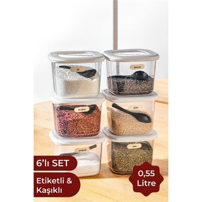 Vienev Etiketli Kaşıklı Kare Erzak Saklama Kabı 6lı Set Küçük Boy 0,55 Litre Beyaz