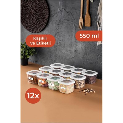 Vienev Foly 12li Set Küçük Boy 0,55 Litre Etiketli Kaşıklı Kare Erzak Saklama Kabı Beyaz