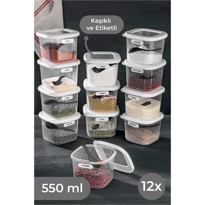 Vienev Foly 12li Set Küçük Boy 0,55 Litre Etiketli Kaşıklı Kare Erzak Saklama Kabı Beyaz
