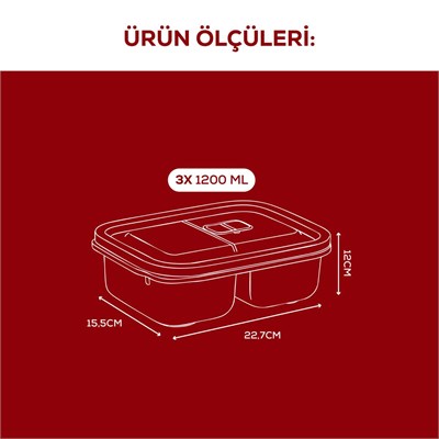 Vienev Kapaklı 3’lü Mikrodalgaya Uygun Bölmeli Dikdörtgen Saklama Kabı Seti - 1200 Ml