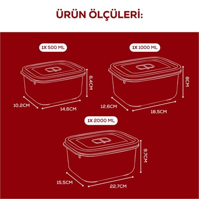 Vienev Kapaklı 3’lü Mikrodalgaya Uygun Dikdörtgen Saklama Kabı Seti - 500/1000/2000 Ml