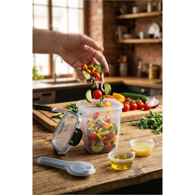 Vienev Kilitli Kapak 1075ml Yemek Saklama Kabı - 2 Sosluk Ve Kaşık Setli Pratik Öğün Kabı