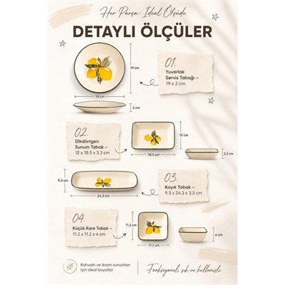 Vienev Limon Desenli Seramik Kahvaltı Takımı 14 Parça Ikram Sunum Tabak Seti