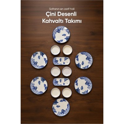 Vienev Mavi Çini Desenli 14 Parça 6 Kişilik Seramik Kahvaltı Takımı Servis Sunum Tabaklı Dekoratif Sofra Seti