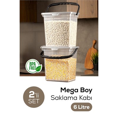 Vienev Mega Boy 2li Kare Un Bakliyat Kabı 6 Litre - Kulplu Saklama Kutusu Kabı Şeffaf