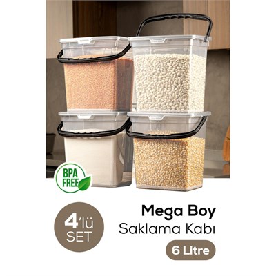 Vienev Mega Boy 4lü Kare Un Bakliyat Kabı 6 Litre - Kulplu Saklama Kutusu Kabı Şeffaf