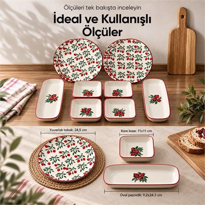 Vienev Nar Model 10 Parça Seramik Kahvaltı Takımı - Sofra Servis Seti, 4 Yuvarlak Tabak, 4 Kare Kase, 2 Oval Peynirlik