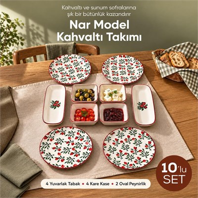 Vienev Nar Model 10 Parça Seramik Kahvaltı Takımı - Sofra Servis Seti, 4 Yuvarlak Tabak, 4 Kare Kase, 2 Oval Peynirlik