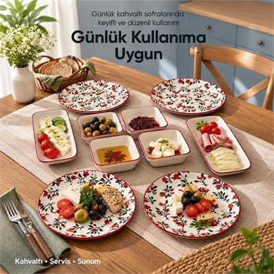 Vienev Nar Model 10 Parça Seramik Kahvaltı Takımı - Sofra Servis Seti, 4 Yuvarlak Tabak, 4 Kare Kase, 2 Oval Peynirlik