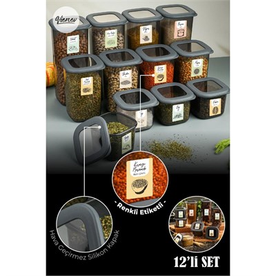 Vienev Renkli Etiketli 12li Foly Kare Erzak Saklama Kabı 4x(0,55 Litre, 1,2 Litre, 1,75 Litre) Antrasit