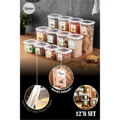 Vienev Renkli Etiketli 12li Peggy Kare Erzak Saklama Kabı 4x(0,55 Litre, 1,2 Litre, 1,75 Litre) Beyaz