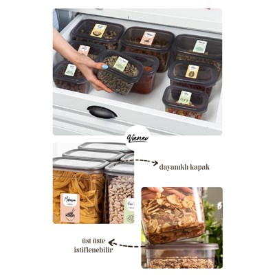 Vienev Renkli Etiketli 20li Peggy Dikdörtgen Saklama Kabı Seti 5x(1500-1150-800-400 Ml) Antrasit