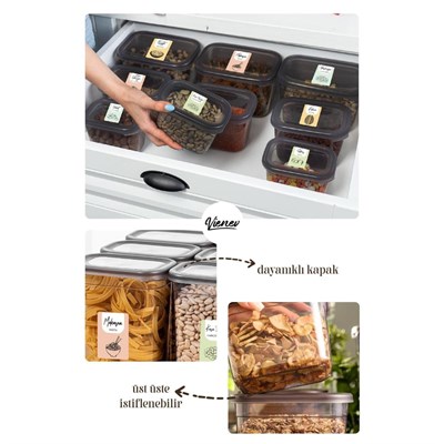 Vienev Renkli Etiketli 4lü Peggy Dikdörtgen Saklama Kabı Seti 1x(1500-1150-800-400 Ml) Antrasit