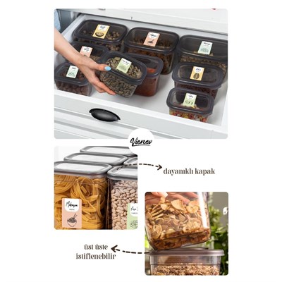Vienev Renkli Etiketli 6lı Peggy Dikdörtgen Saklama Kabı Seti 2x(1500-1150-800 Ml) Antrasit