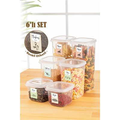 Vienev Renkli Etiketli 6lı Peggy Kare Erzak Saklama Kabı 2x(0,55 Litre, 1,2 Litre, 1,75 Litre) Beyaz
