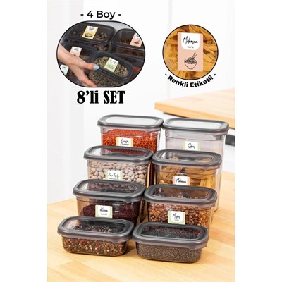 Vienev Renkli Etiketli 8li Peggy Dikdörtgen Saklama Kabı Seti 4x(1500-1150 Ml) Antrasit