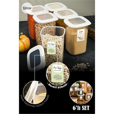 Vienev Renkli Etiketli Kare Erzak Saklama Kabı 1,2 Lt Beyaz Mikrodalgada Kullanılabilir 6lı Set