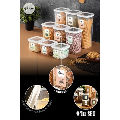 Vienev Renkli Etiketli Kare Erzak Saklama Kabı Seti Beyaz 9lu