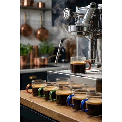 Vienev Renkli Kulplu 6lı Cam Espresso Bardağı Seti - 95 Ml 2x(turuncu, Yeşil, Mavi)