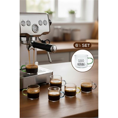 Vienev Renkli Kulplu 6lı Good Morning Yazılı Cam Espresso Bardağı Seti - 95 Ml