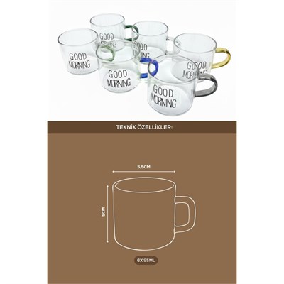 Vienev Renkli Kulplu 6lı Good Morning Yazılı Cam Espresso Bardağı Seti - 95 Ml