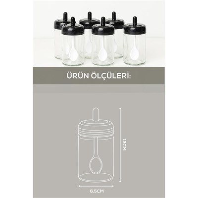 Vienev Siyah Serigrafi Etiketli 6lı Kendinden Kaşıklı Cam Baharatlık Uzun