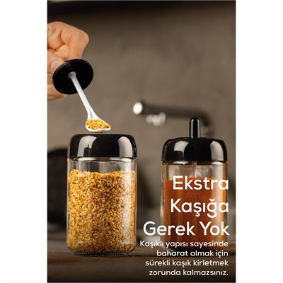 Vienev Siyah Serigrafi Etiketli 6lı Kendinden Kaşıklı Cam Baharatlık Uzun
