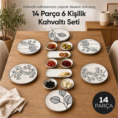 Vienev Siyah Yaprak Desenli 14 Parça 6 Kişilik Seramik Kahvaltı Takımı Servis Sunum Tabaklı Dekoratif Sofra Seti