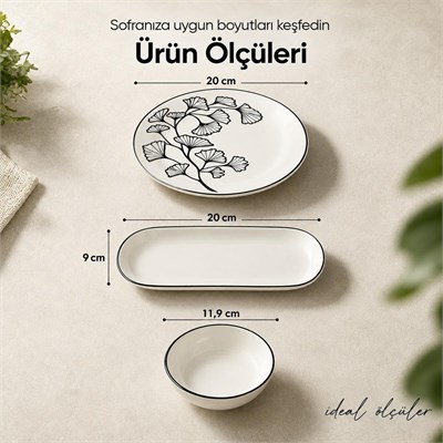 Vienev Siyah Yaprak Desenli 14 Parça 6 Kişilik Seramik Kahvaltı Takımı Servis Sunum Tabaklı Dekoratif Sofra Seti
