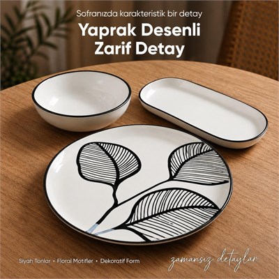 Vienev Siyah Yaprak Desenli 14 Parça 6 Kişilik Seramik Kahvaltı Takımı Servis Sunum Tabaklı Dekoratif Sofra Seti