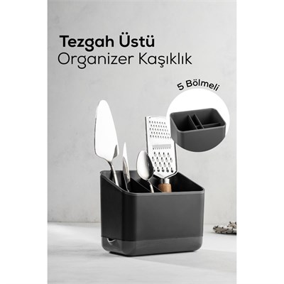 Vienev Tezgah Üstü Kaşık Düzenleyici 5 Bölmeli Organizer Kaşıklık Antrasit