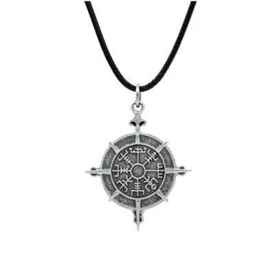 Viking Vegvisir Pusula Deri ip Kolye - Gümüş Kaplama - Kadın Erkek Kolye - No:937