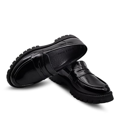 Vintage Hakiki Deri Loafer Kız Çocuk Okul Ayakkabısı Siyah Rugan
