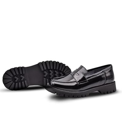 Vintage Hakiki Deri Loafer Kız Çocuk Okul Ayakkabısı Siyah Rugan