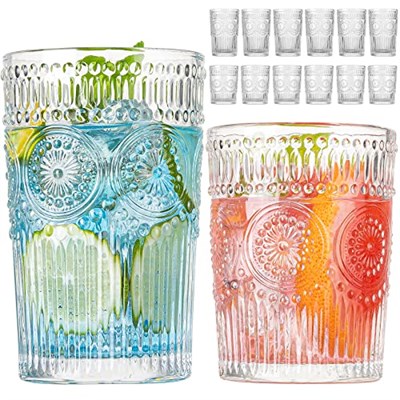 Vintage İçme Bardakları 12li Set, Dokulu Şeffaf Çizgili Cam Bardaklar-6 Highball Bardakları 368 ml & 6 Kaya Bardakları 10 oz, Nervürlü Züccaciye Seti, Mojito Bardakları, Kokteyl Bardağı,